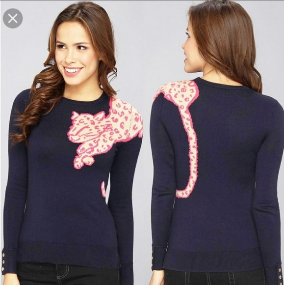 Lilly Pulitzer Sweaters - Lily Pulitzer Cheetah Animal Print Soft Knit Button Sleeve Navy Blue Sweater XS